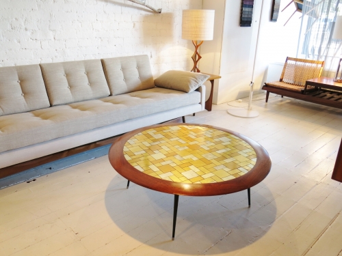Danish circular coffee table with gilded tile inlays