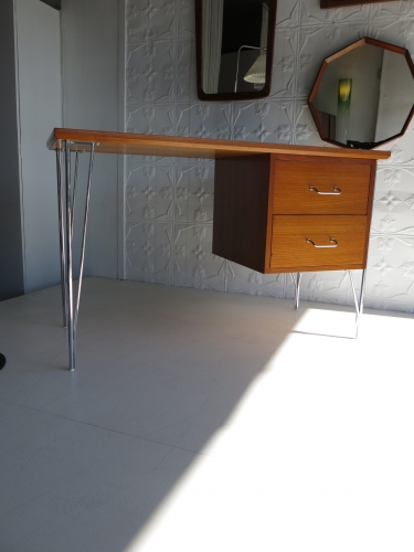 Danish Modern desk with chromed steel hairpin legs