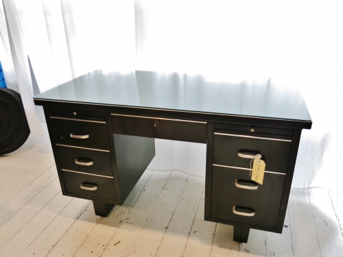 Metal military desk circa 1950 with glass inset top