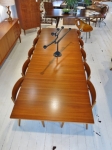 Stunning 3 metre extension table by Chiswell
3 extension butterfly style leaves that are stored within the table.
Extensions can be used individually or together , giving you 4 different table lengths of your choosing.
Fully restored condition
Australian made piece in teak and Tasmanian Blackwood. Circa 1960&#39;s

Set of 10 Danish dining chairs in teak & beech - Fully restored including regluing, stripping and refinishing + reupholstered in Italian leather. 
circa : 1950