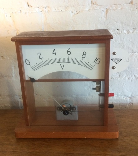 Vintage Industrial electricity Volt Meter with wood & glass case