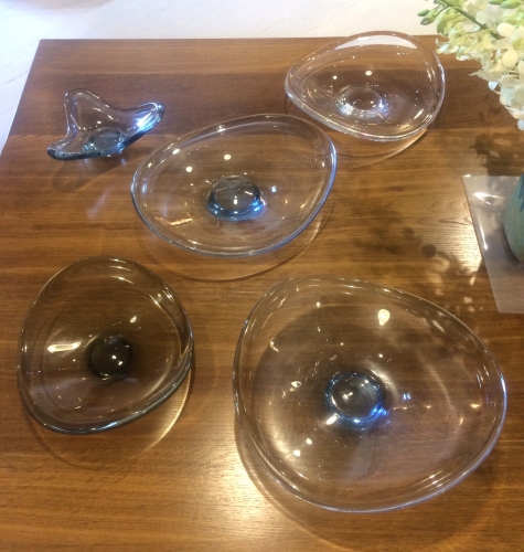 Various vintage Holmegaard grey, clear & blue glass bowls by Per Lutken