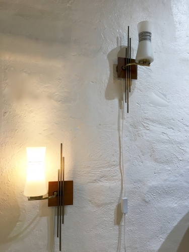 Pair of Danish Brass timber and glass wall sconces